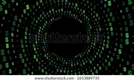 A dark background with a swirling vortex of green dollar signs of varying shades, radiating outwards from a central dark circular area.