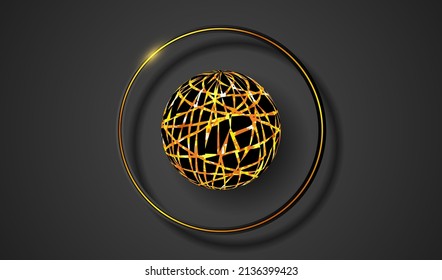 Dark background. Textured background, 3D sphere and golden frame 