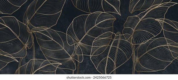 Dark background with transparent leaves of tropical plants in golden line style. Botanical art poster for design of print, banner, textile, wallpaper, interior design, packaging.	
