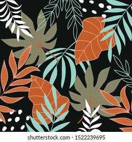 Dark background with tropical leaves and plants. Hand draw texture. Vector template. Background with exotic leaves.