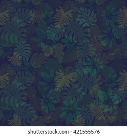 Dark background with tropical leaves. Seamless pattern for web, print, wallpaper, wrapping, packaging design, scrapbook, spring summer fashion fabric, textile design.