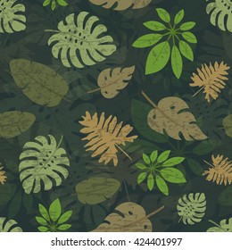 Dark background with tropical leaves. Seamless pattern for web, print, wallpaper, wrapping, packaging design, scrapbook, spring summer fashion fabric, textile design.