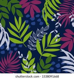 Dark background with tropical plants. Vector background for various surface. Trendy hand drawn textures. Creative abstract background with tropical plants and leaves. 