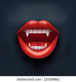 Dark Background Of Vampire Mouth With Open Red Lips And Long Teeth. Vector Illustration. Isolated On White Background.