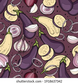 Dunkler Hintergrund aus verschiedenen Auberginen, Zwiebeln und Knoblauch. Handgezeichnete Grafiken. Vegetarisches Menü. Vektorgrafik.