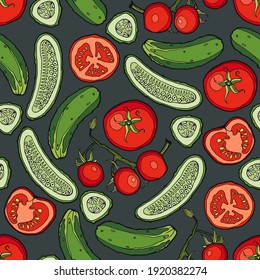 Dark background from various tomatoes and cucumbers. Hand-drawn graphics. Vegetarian menu. Vector.