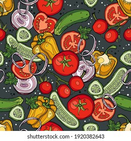 Dark background from various tomatoes, cucumbers, onions, bell peppers and spices. Summer salad recipe. Hand-drawn graphics. Vegetarian menu. Vector.