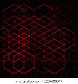 Dark background vector geometric hexagons, red lines shapes. Abstraction