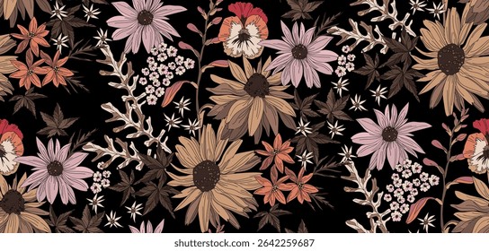 
A dark background with a vibrant floral pattern of a variety of vibrant flowers, including daisies and leaves, creates an elegant design.