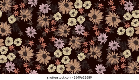  Um fundo escuro com um padrão floral vibrante de uma variedade de flores vibrantes, incluindo margaridas e folhas, cria um design elegante.