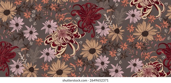 Um fundo escuro com um padrão floral vibrante de uma variedade de flores vibrantes, incluindo margaridas e folhas, cria um design elegante.	