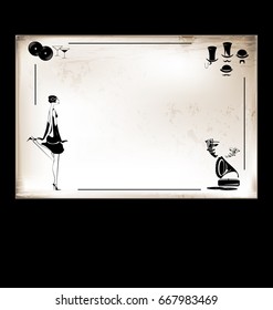 dark background, vintage beige-colored card with dancing retro lady and music