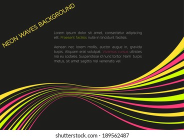 Dark background with waves in neon colors with a lot of copyspace