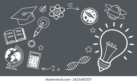 Dark background with white educational doodles (book, cap, globe, calculator, pencil, atom, DNA, lightbulb) around an empty center.