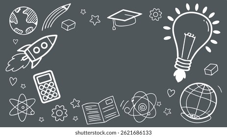 Dark background with white educational doodles (book, cap, globe, calculator, rocket, atom, lightbulb) around an empty center.