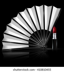 dark background and the white fan with red lipstick