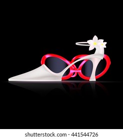 dark background and the white ladys shoe with red sunglasses