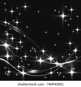 Dark background with white stars and waves. Glowing shinning stars and waves in monochromatic colors on dark sky. white stars and waves on black background.