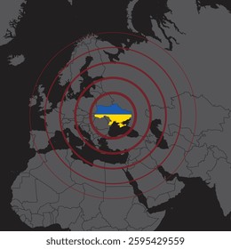Dark background with world map silhouette and red Ukraine silhouette. Epicenter of worlg crisis 2022 war in Ukraine. Gradient circle lines transparent color