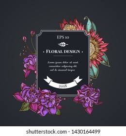 Dark badge design with african daisies, fuchsia, king protea