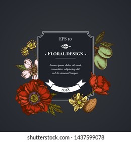 Dark badge design with almond, poppy flower, tilia cordata