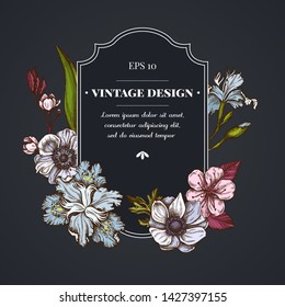 Dark badge design with anemone, iris japonica, sakura