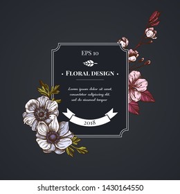 Dark badge design with anemone, iris japonica, sakura