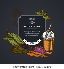 Dark badge design with beet, greenery, carrot, smoothie cup