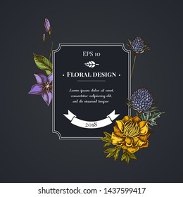 Dark badge design with bellflower, globethistle, globeflower