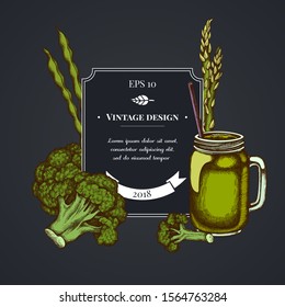 Dark badge design with broccoli, green beans, smothie jars