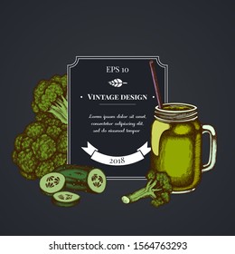 Dark badge design with broccoli, smothie jars, cucumber
