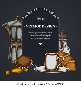 Dark badge design with candies, croissants and bread, espresso cup, coffee pot, sugar bowl, truffle