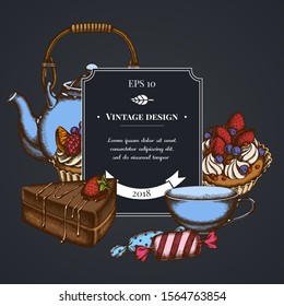 Dark badge design with candies, cupcake, teapots, cups, cake, cake
