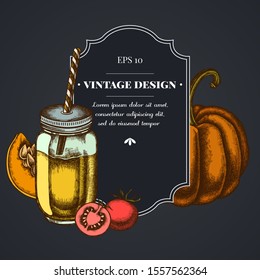 Dark badge design with cherry tomatoes, pumpkin, smothie jars