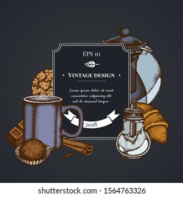 Dark badge design with cinnamon, bar, croissants and bread, teapots, cups, sugar bowl, cookie, truffle