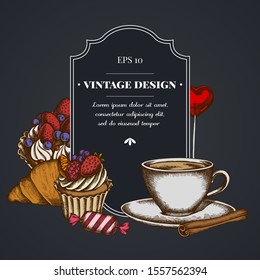 Dark badge design with cinnamon, lollipop, candies, croissants and bread, coffee cups, cupcake, cake