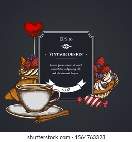 Dark badge design with cinnamon, lollipop, candies, croissants and bread, coffee cups, cupcake, cake
