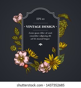 Dark badge design with dog rose, hop, jerusalem artichoke