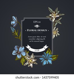 Dark badge design with edelweiss, meadow geranium, gentiana