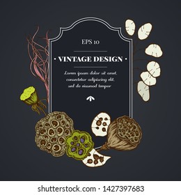Dark badge design with feather grass, lotus, lunaria