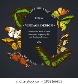 Dark badge design with great orange-tip, emerald swallowtail, jungle queens, plain tiger, rajah brooke s birdwing, papilio torquatus, swallowtail butterfly