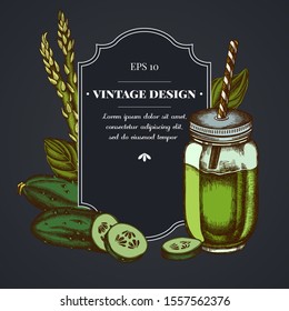 Dark badge design with green beans, basil, smoothie jars, cucumber.