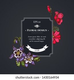 Dark badge design with impatiens, tigridia, aquilegia