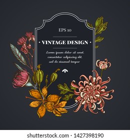 Dark badge design with japanese chrysanthemum, blackberry lily, eucalyptus flower