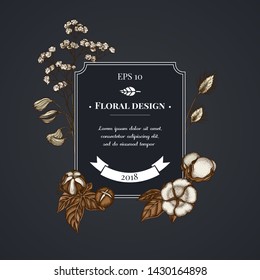 Dark badge design with lagurus, cotton, gypsophila