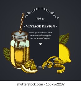 Dark badge design with lemons, basil, smoothie jars.
