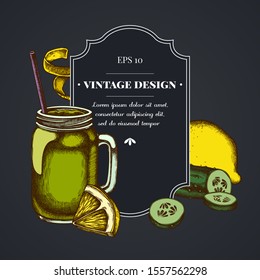 Dark badge design with lemons, smoothie jars, cucumber.