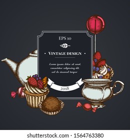 Dark badge design with lollipop, candies, cupcake, teapots, cups, truffle, cake, tartlet