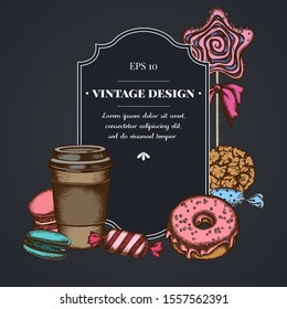 Dark badge design with macaron, candies, paper cup, lollipop, donut, cookie