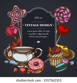 Dark badge design with macaron, lollipop, candies, lollipop, eclair, cupcake, cups, donut, cake